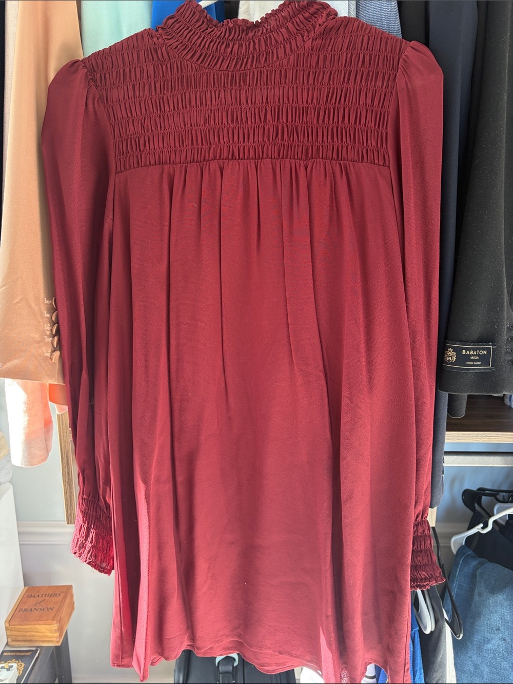 Reformation Wine Red Long Sleeve Smocked Yoke Dress